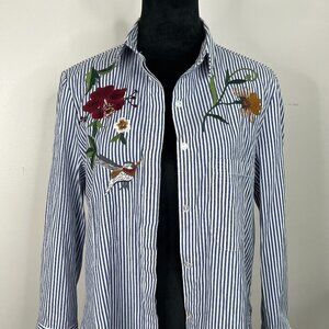 Modavanti Embroidered Floral Bird Nautical Striped Button Down Blouse